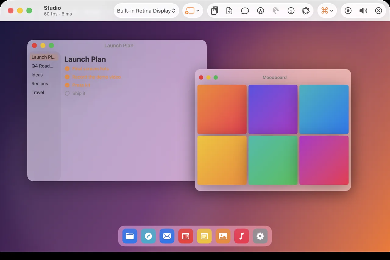 ウインドウにMacのデスクトップを表示するVolero。上部にセッションのツールバーがあります。